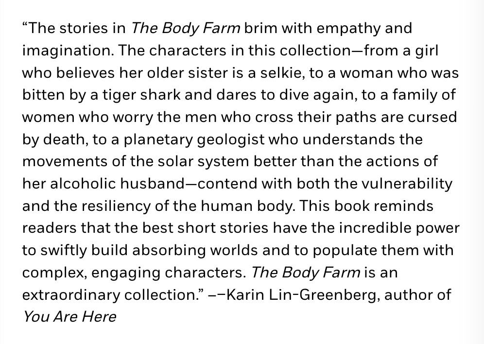 The critically acclaimed Abby Geni is back, with a new collection of stories on the horrors and joys of inhabiting our bodies. 🔥 The Body Farm is a triumph. Learn more here: penguinrandomhouse.com/books/738566/t…
