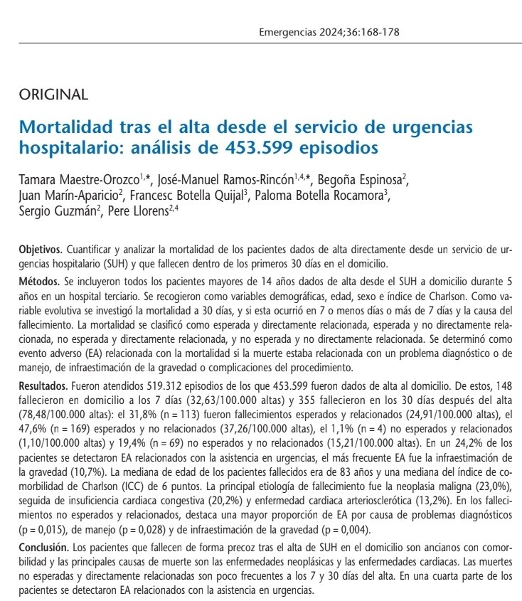 LlorensPere's tweet photo. Mortalidad tras el alta desde el servicio de urgencias hospitalario: análisis de 453.599 episodios:
Seguridad dentro de la incertidumbre en la que trabajamos, con 1,10 fallecimientos no esperados y relacionados a los 30 dias/100.000 altas. https://t.co/thIX5orM76 https://t.co/piMaLo73G1