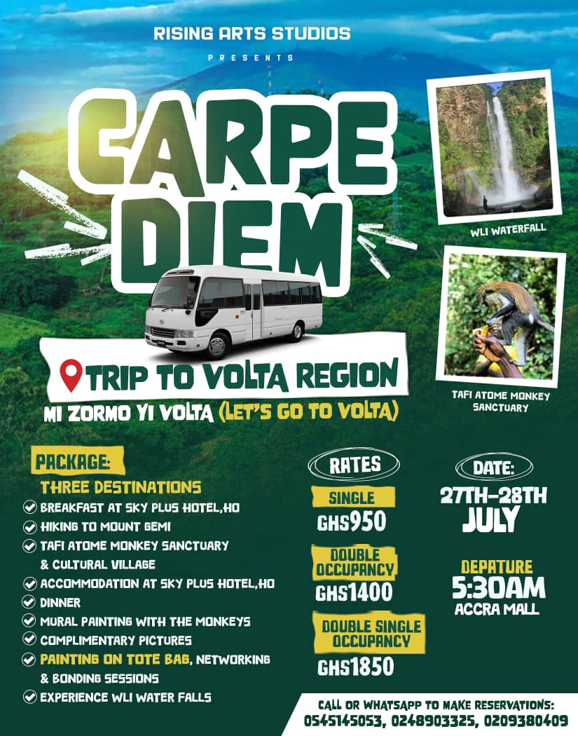 🏔️ A journey to Self Discovery 🌊🖼️🎨
A very good evening going out to you ❤️ I’m so pleased to invite you to our next main event this July.
We are bringing Arts to the serene environment at  Volta, Ho🏔️.
#ExperienceWliwaterfall 🌊  
#HikingMountGemi 🏔️
#Interactionwithmonkeys 🐒