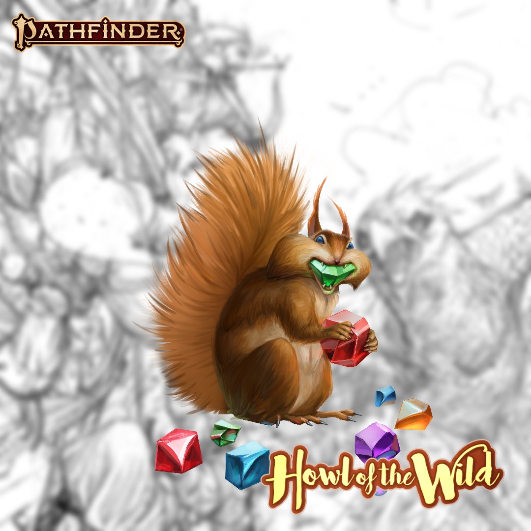 paizo's tweet photo. A lovely creature! Similar in some ways to the Taldan cave squirrel, also known as the tauhoti, who also emit a Defensive Scream when startled. They're constantly Foraging for Gems to store in their cheeks, which they spit at predators in defense. https://t.co/FjAJqaOBc2