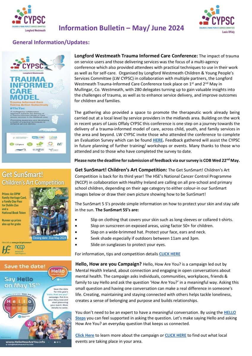 CypscLw's tweet image. Check out the latest bumper edition of the Midlands CYPSC Update filled with local &amp;amp; national resources, information &amp;amp; events 

#CYPSC  

cypsc.ie/_fileupload/Do…
