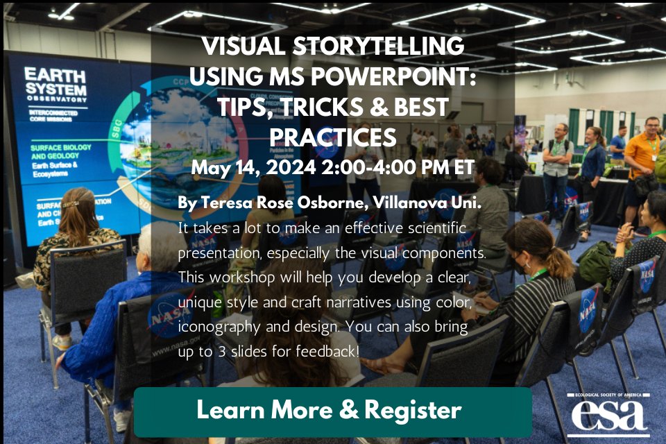 🔊TOMORROW! Don't miss @tr_osborne's workshop on visual storytelling in your scientific presentations. Make your content engaging & make a big impression! esa.org/career-develop…