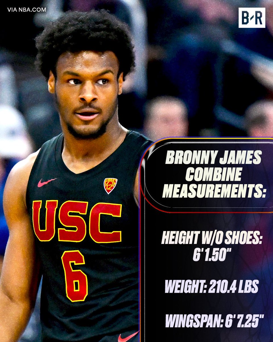 LBJxGoat's tweet image. Bronny James, mensuration officiel  : 

🔹1 mètre 87 
🔹95 kilos 
🔹201 cm d'envergure

#DraftCombine