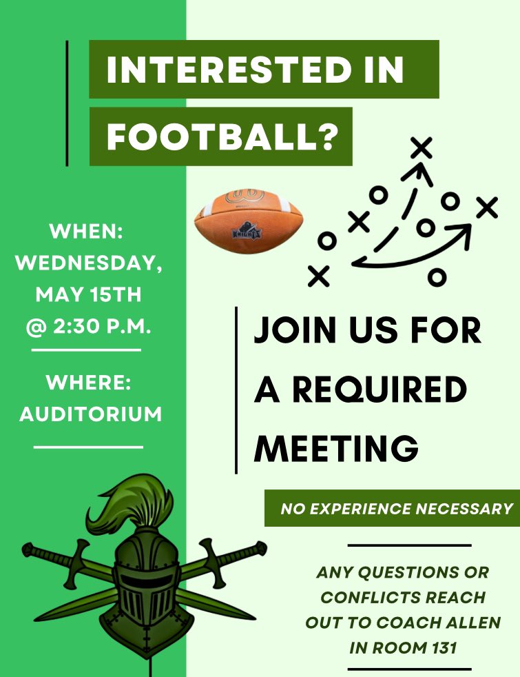 Interest Meeting: Wednesday, May 15 after school in the auditorium. Hope to see you there! #football #sports #hssports #delhs #studentathlete #mphs #mountpride #proud2bBsd #GreenKnightsALLin