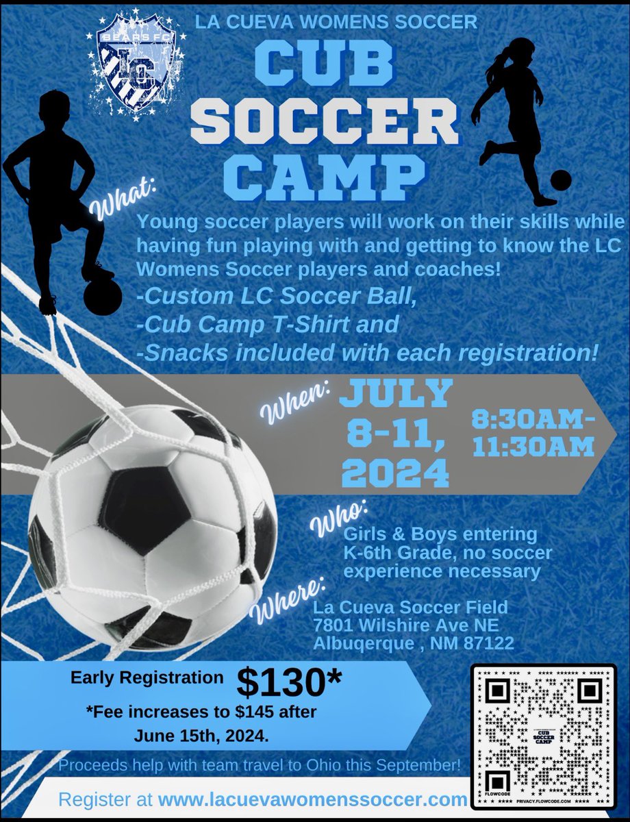 LCHSBearsSoccer Boosters (@lchsbearssoccer) on Twitter photo Need a fun place to send your kids to learn soccer?We have you covered!
CUB CAMP THIS JULY 8th-11th & train with LCHS women’s soccer team.
No experience necessary, boys and girls entering K-6th grade. Registration
Is now open! #WALC 🐻⚽️
<a href="/PrincipalLCHS/">La Cueva High School</a> <a href="/Cueva_Athletics/">LCAthletics</a> Need a fun place to send your kids to learn soccer?We have you covered!
CUB CAMP THIS JULY 8th-11th & train with LCHS women’s soccer team.
No experience necessary, boys and girls entering K-6th grade. Registration
Is now open! #WALC 🐻⚽️
<a href="/PrincipalLCHS/">La Cueva High School</a> <a href="/Cueva_Athletics/">LCAthletics</a>