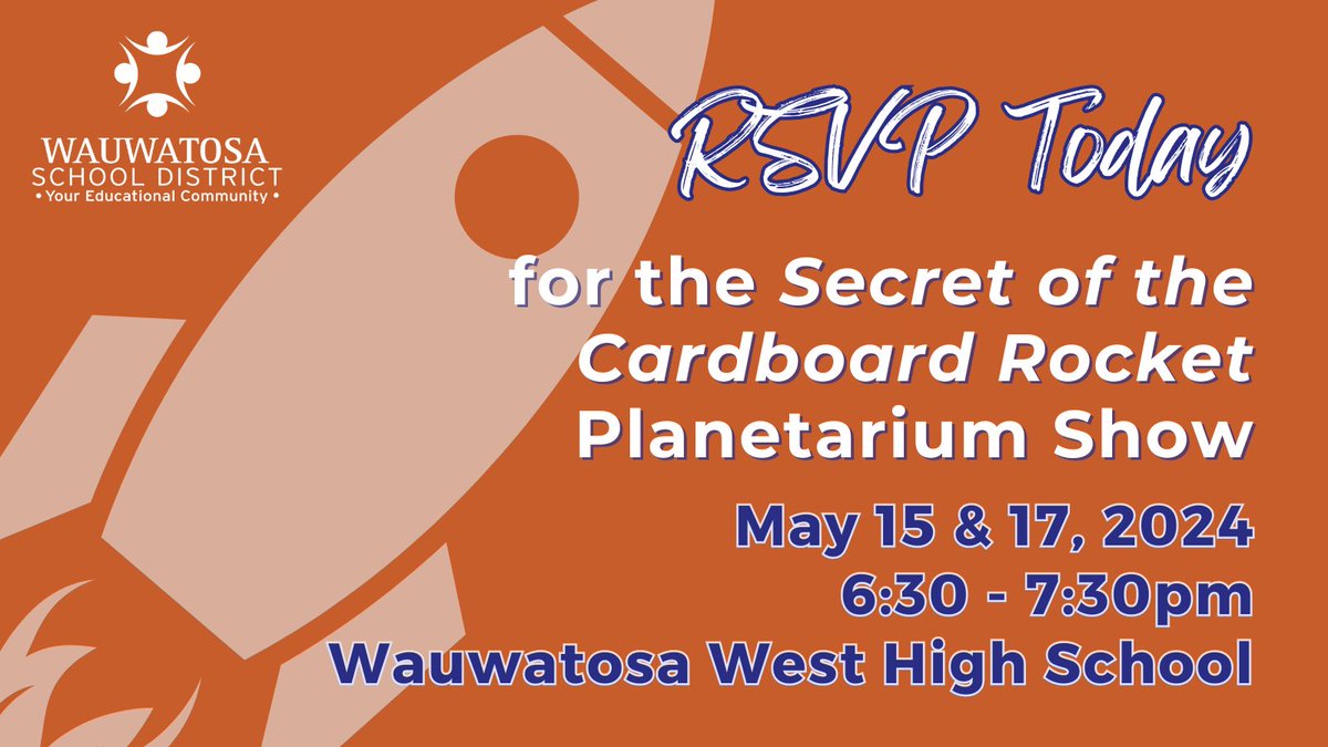 Join us at @TWTrojans for our final public planetarium shows of 2023-24! Don't miss “Secret of the Cardboard Rocket.” 🚀 

May 15, 6:30-7:30pm
Sign up: bit.ly/3UpzXmX 

May 17, 6:30-7:30pm
Sign up: bit.ly/3WpAqsg 

#TosaProud