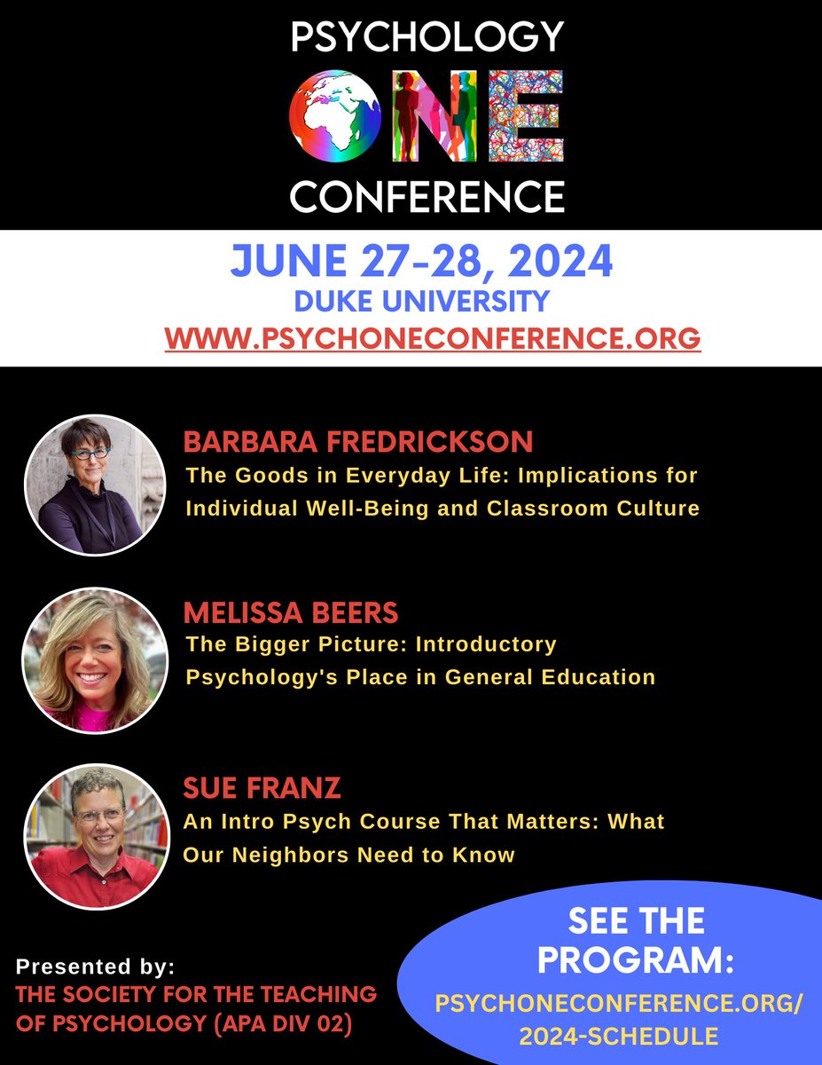 🌟 The Psychology ONE 2024 conference schedule is out! Join us June 27-28 at Duke University to enhance your teaching and connect with other teachers of Intro Psych. Register now to secure your spot (and no later than May 31st): psychoneconference.org