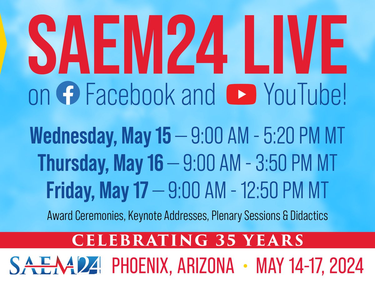 We'll be broadcasting live from Phoenix this week! Tune in on our Facebook or YouTube pages to catch a glimpse into the Award Ceremonies, Keynote Addresses, Plenary Sessions, and more! #SAEM24