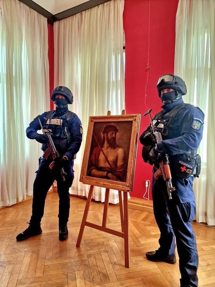 The painting 'Ecce Homo', 1543, the only painting by Titian in Romania and Eastern Europe, is guarded by armed gendarmes at the 'Regina Maria' Municipal Museum.
