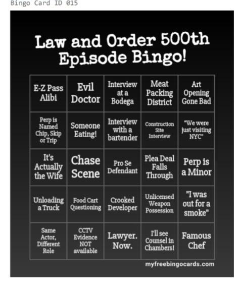 the27thprecinct's tweet photo. To celebrate the 500th episode, a bingo card you can use for ALL of them! #DabberNotIncluded https://t.co/3o4gUIhDXT