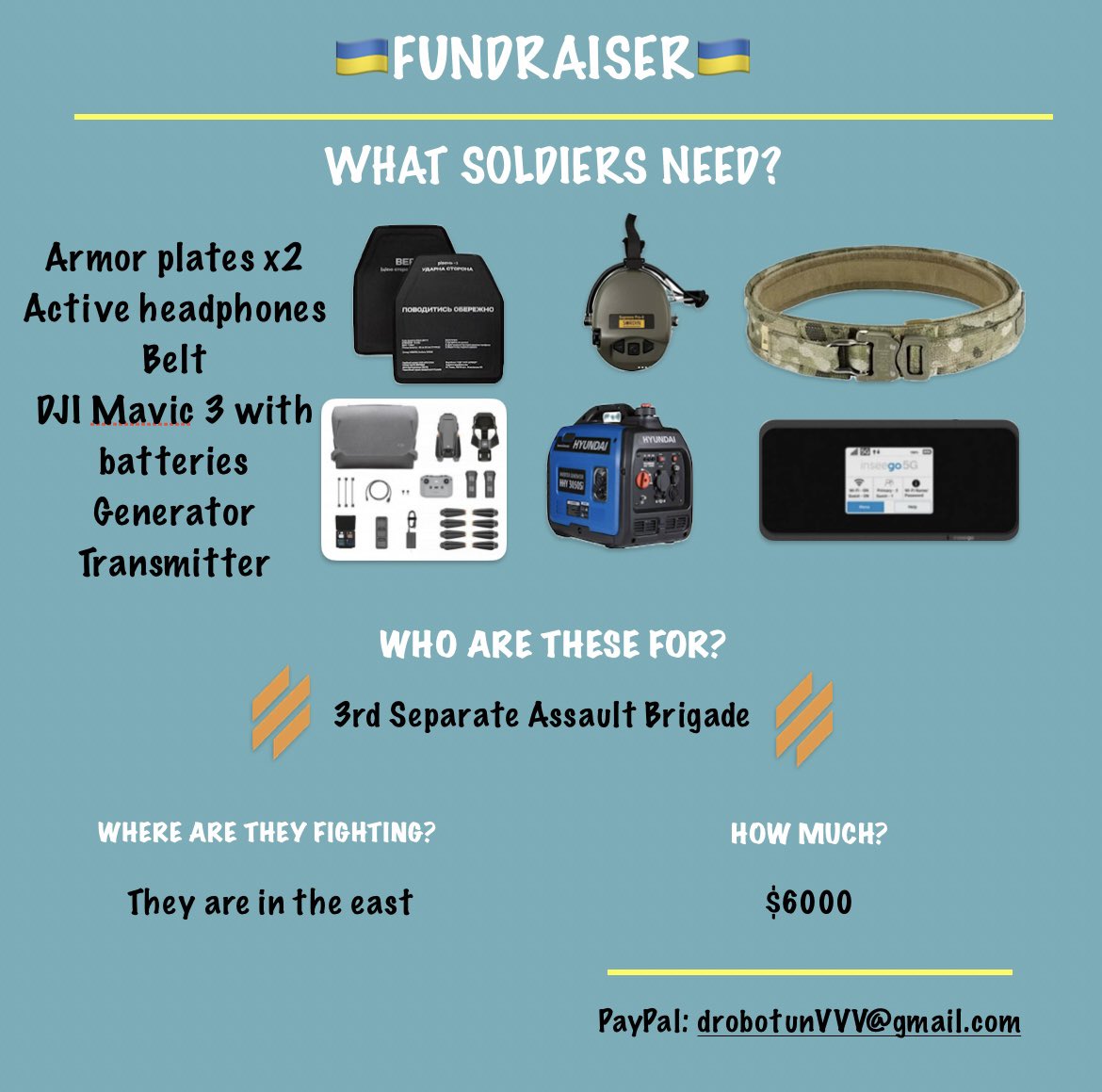 🇺🇦🇺🇦🇺🇦FUNDRAISER🇺🇦🇺🇦🇺🇦 🚨What the soldiers lost in Avdiivka🚨 🪖3rd Separate Assault Brigade: 🚨Needs: DJI Mavic 3 with extra batteries, generator, armor plates in body armor х2, belt, active headphones, transmitter! 🎯 Goal: $6000 🙏🎯 🙏PLEASE: RT & B👀ST & DONATE 🅿️🅿️:…