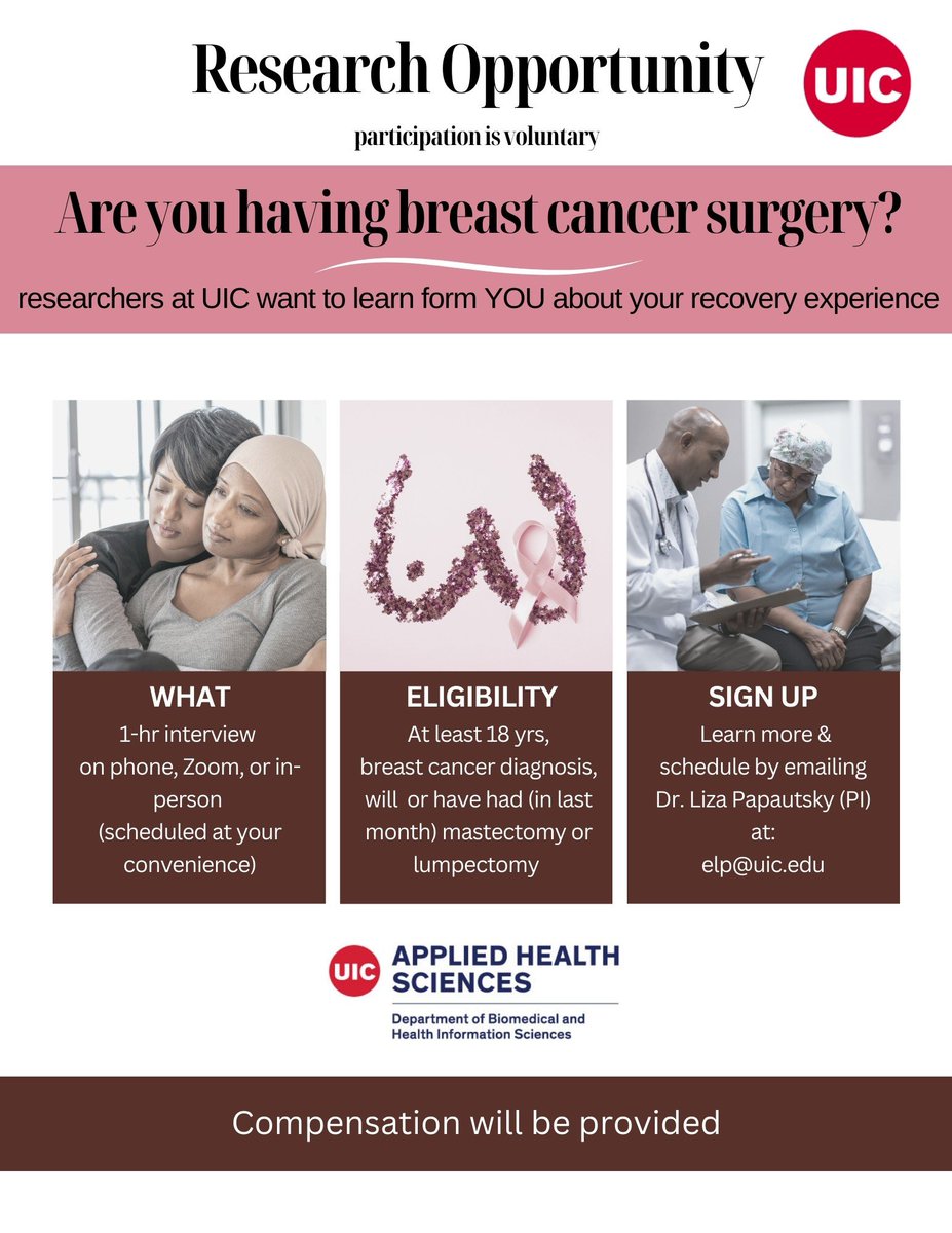 Liza Papautsky, PhD (@elpphd) on Twitter photo Pls spread the word & consider participating! #breastcancer #mastectomy #lumpectomy #research #surgery #patientexperience
<a href="/Martha__Carlson/">metaMartha</a> <a href="/maryam_lustberg/">Maryam Lustberg MD, MPH, FASCO</a> <a href="/MeganSalwei/">Megan Salwei</a> <a href="/UICancerCenter/">University of Illinois Cancer Center</a> Pls spread the word & consider participating! #breastcancer #mastectomy #lumpectomy #research #surgery #patientexperience
<a href="/Martha__Carlson/">metaMartha</a> <a href="/maryam_lustberg/">Maryam Lustberg MD, MPH, FASCO</a> <a href="/MeganSalwei/">Megan Salwei</a> <a href="/UICancerCenter/">University of Illinois Cancer Center</a>