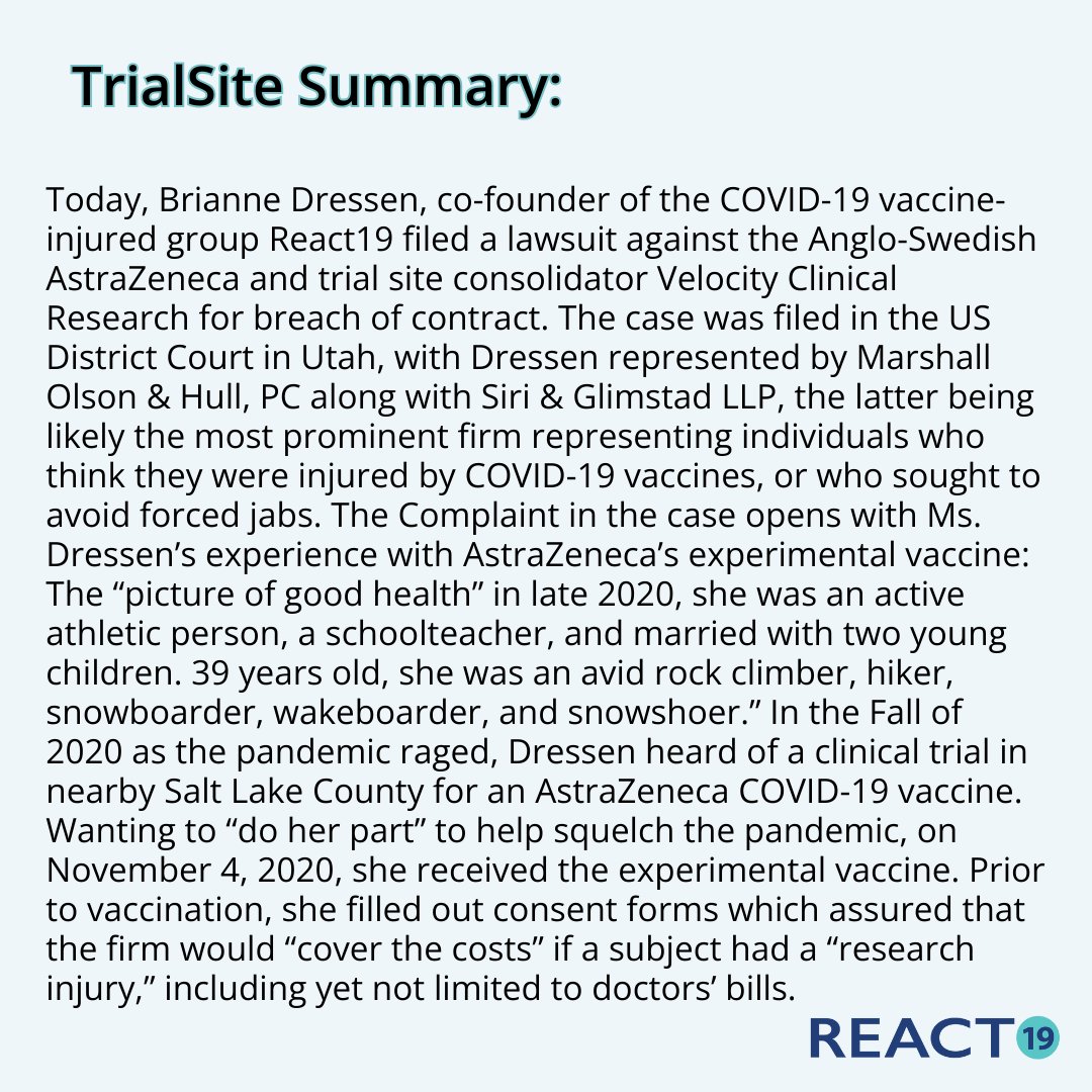 A first for the US - Covid vaccine injured sues the drug company, due to breach of contract. On the heels of UK’s class action law suit against @AstraZeneca, American Brianne Dressen files major lawsuit on American soil. Dressen participated in a clinical trial for AstraZeneca.