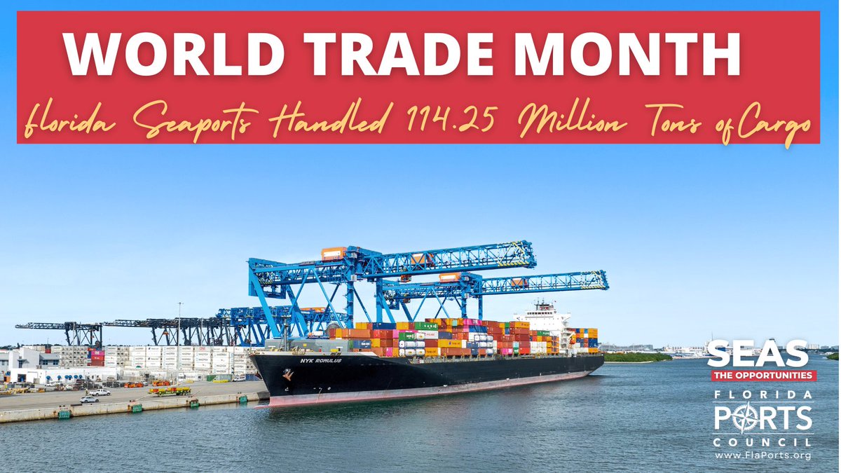It’s #WorldTradeMonth2024, so we’re celebrating Florida’s back-to-back record-high cargo growth. Our ports handled 114.25 million tons of cargo in 2023, shattering the 2022 record-high 112.5 million tons of cargo moved. #SeasTheOpportunities at Florida seaports.