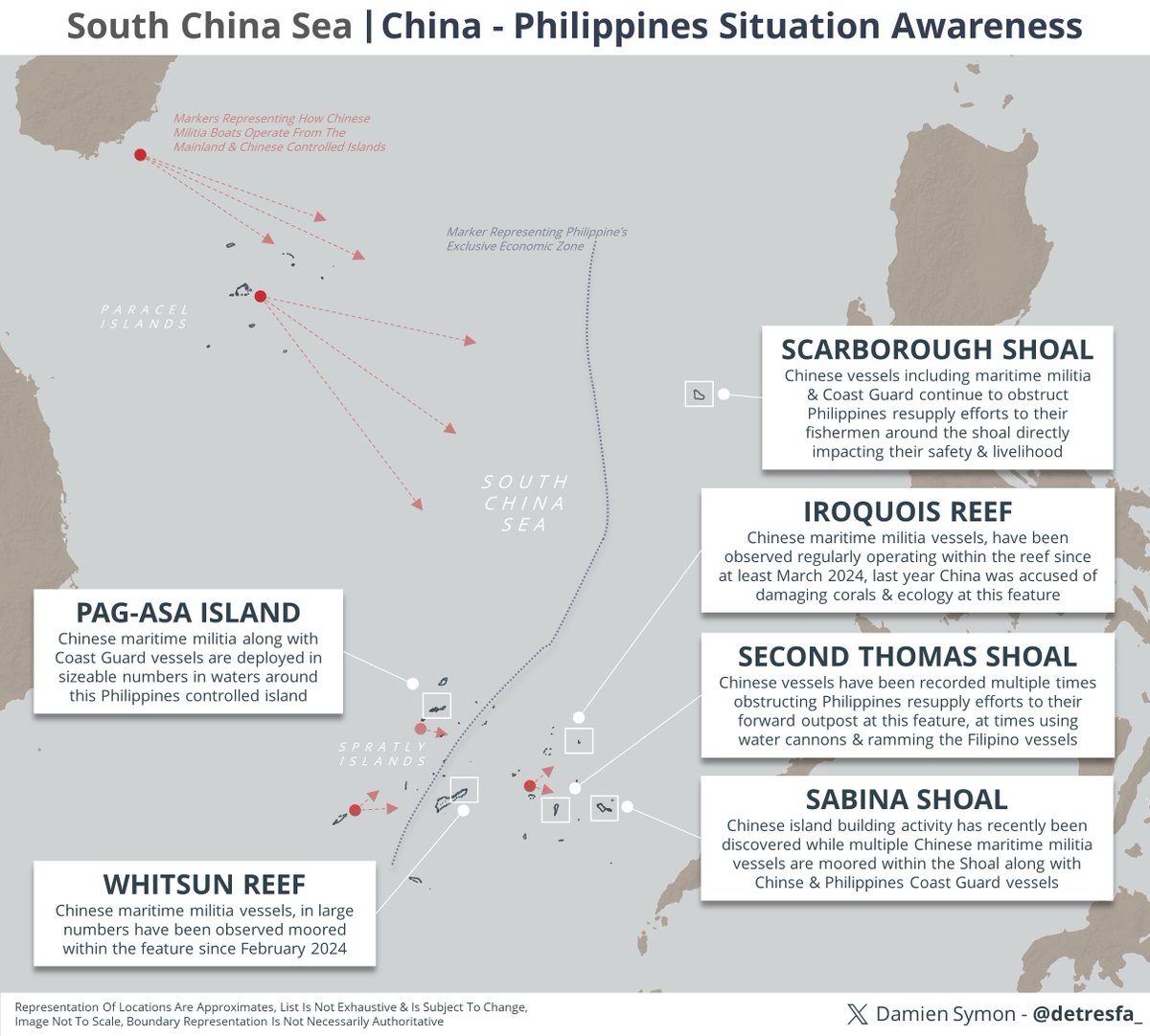 A comprehensive infographic from @detresfa_ showing the flashpoints between #China & #Philippines The Philippines is facing Chinese encroachment & blockades in virtually all areas of the West Philippine Sea (SouthChinaSea).