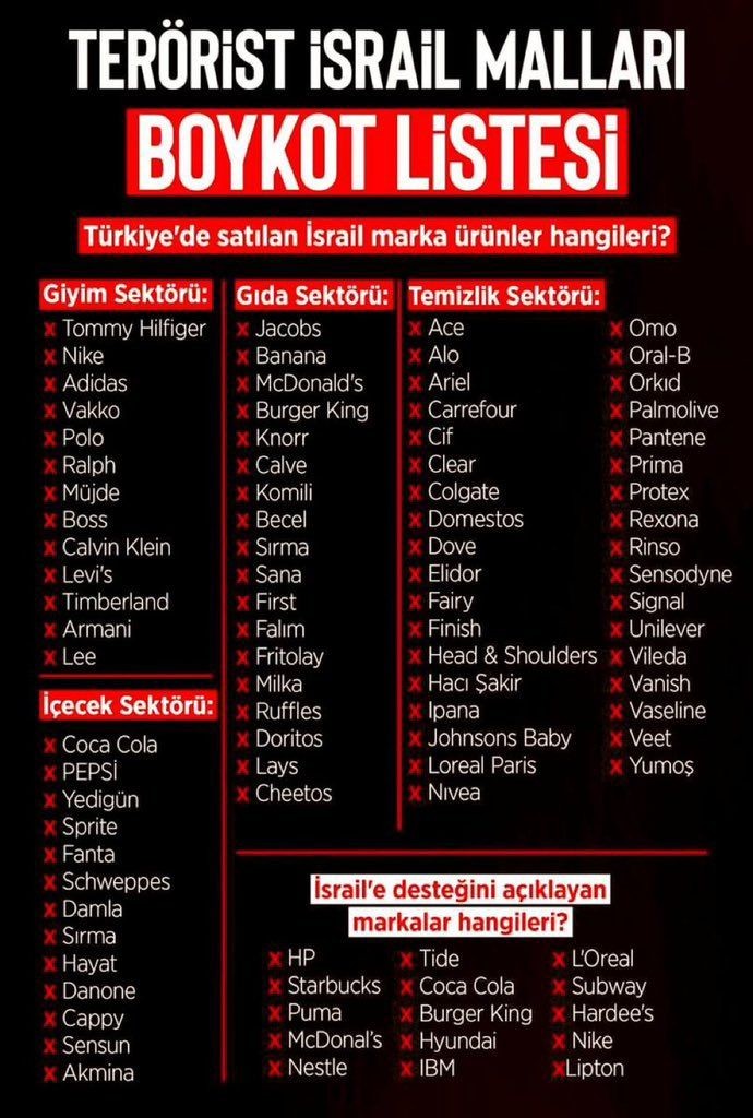 Onlar Müslümanları yok etmek için İsrail'e destek olurken, Sen de onlara destek olacak mısın ? #BoykotaDevam BOYKOT ET /المقاطعة نداء #GazaHoloucaust #Hamas/#Ebu_Ubeyde #Campusİntifada / Filistin intifada Kazanacak ! ✌🇵🇸🇹🇷