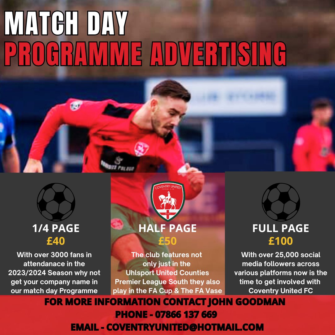 Advertising with Coventry United FC is not as expensive as you may think we have opportunities for all businesses to suit all budgets Match Day Programme Advertising starts from a little as £40 for the full 2024/2025 Season coventryunited@hotmail.com #WeAreUnited #Coventry