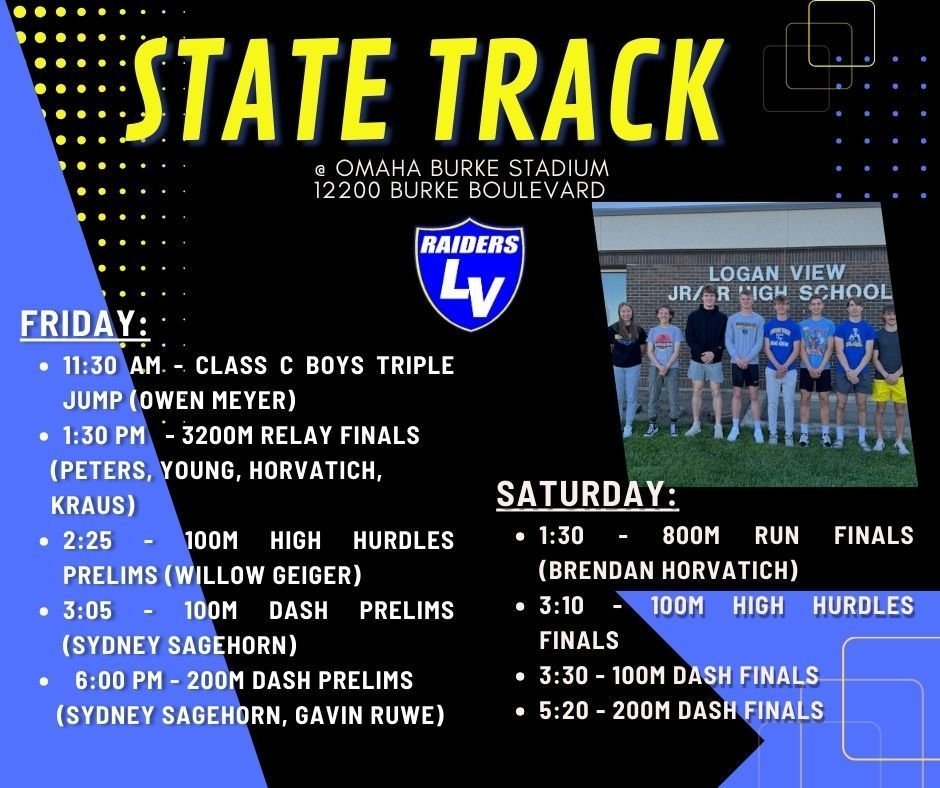 Here's where to find our Raiders at State Track this week!  Wishing all our state qualifiers good luck!