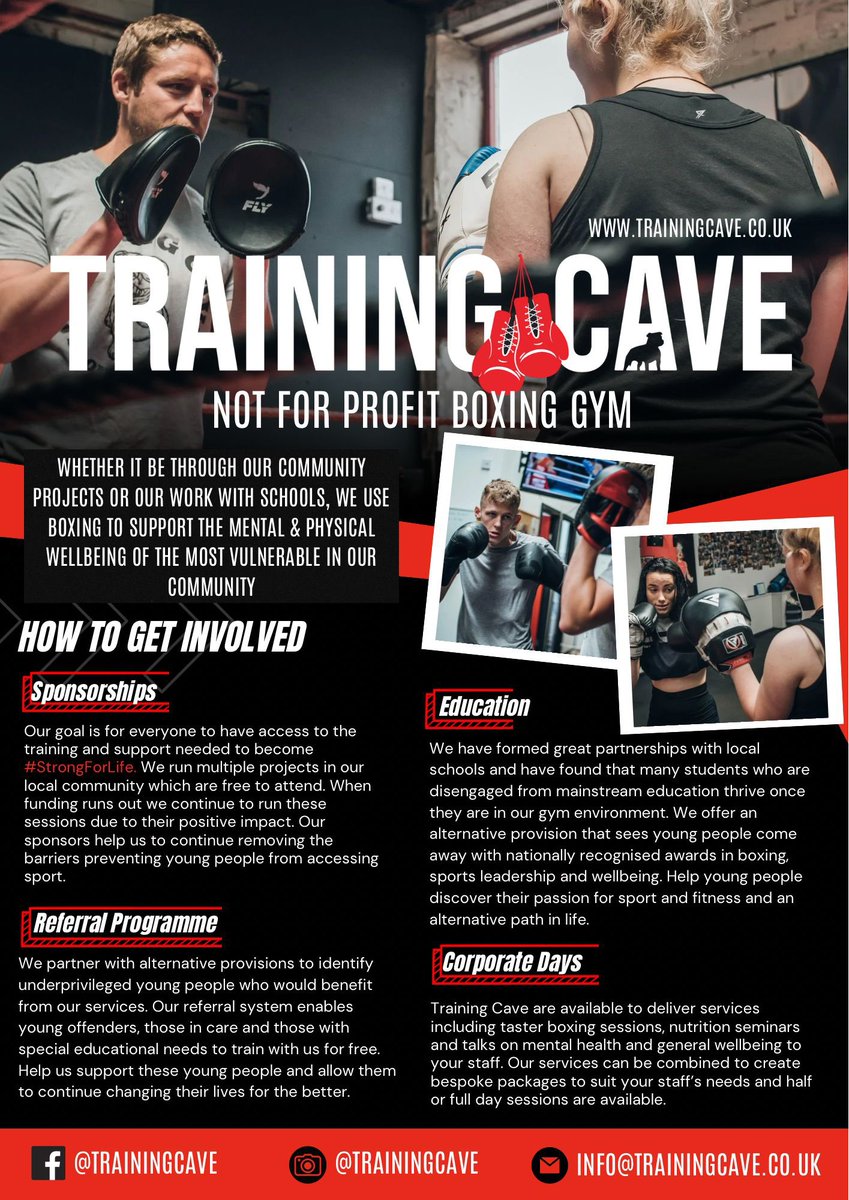 Calling all business owners, headteachers or those in high places 😃

We need your help…

Training Cave is a social enterprise that uses boxing to support the mental and physical wellbeing of the most vulnerable in our community.

#StrongForLife #SocialEnterprise