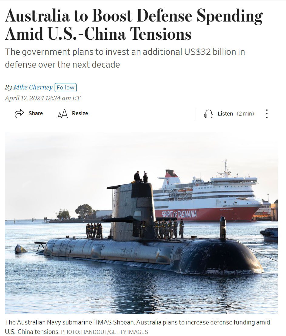 insider_politic's tweet photo. Australia to Boost Defense Spending Amid U.S.-China Tensions

Australia is boosting its defense budget and rethinking its defense plans as strategic competition between the U.S. and China heats up in the Indo-Pacific region.

Australia’s government said Wednesday that it plans to invest an additional 50 billion Australian dollars, or roughly US$32 billion, in defense over the next decade, with defense funding expected to rise to 2.4% of gross domestic product by 2033-2034 compared with 2.1% in 2024-2025.