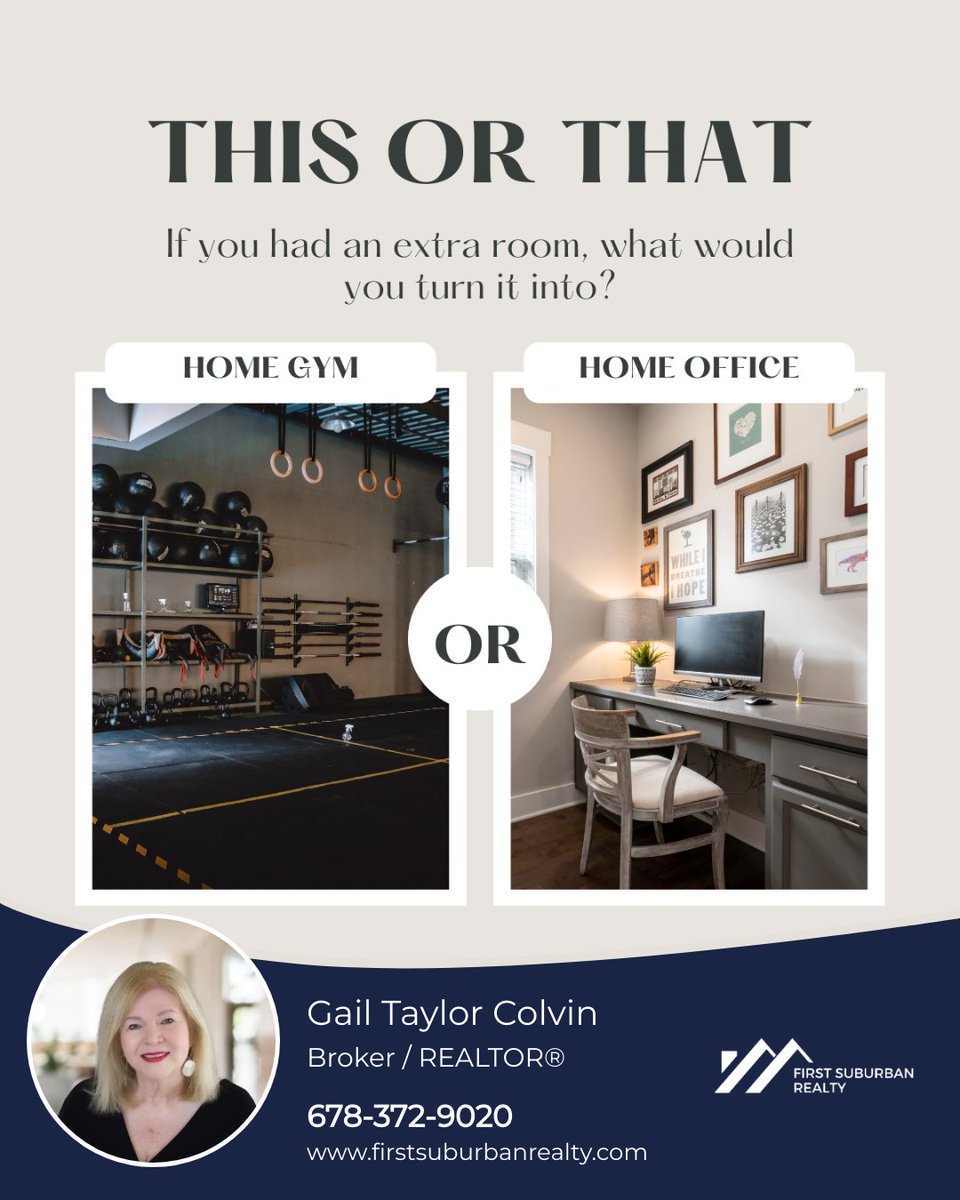 Extra room at your place? Why not make it a modern home gym or a productive home office? 💪🖥️ What's your choice? 

#firstsuburbanrealty #gailtaylorcolvin #ICameISawISold #homedecor #homegym #homeoffice #thisorthat #questionoftheday