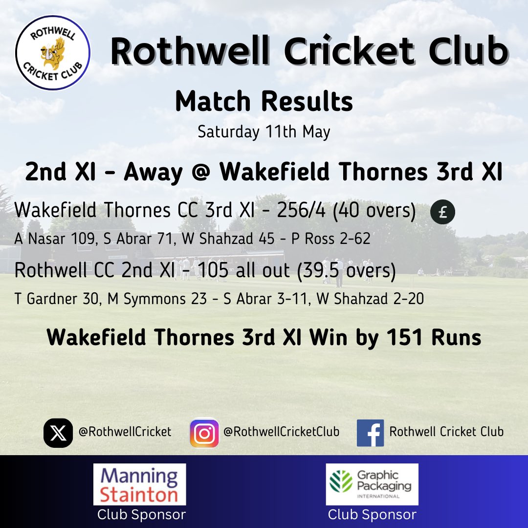 RothwellCricket's tweet photo. Here are the results from this weekend’s fixtures.

Both teams put in improved performances this weekend but sadly, both are still waiting for their first wins of the new season.

Big thanks to this weekend’s match ball sponsor, SR Business Solutions

#uptheboars🐗 https://t.co/IxNDh5D2p9
