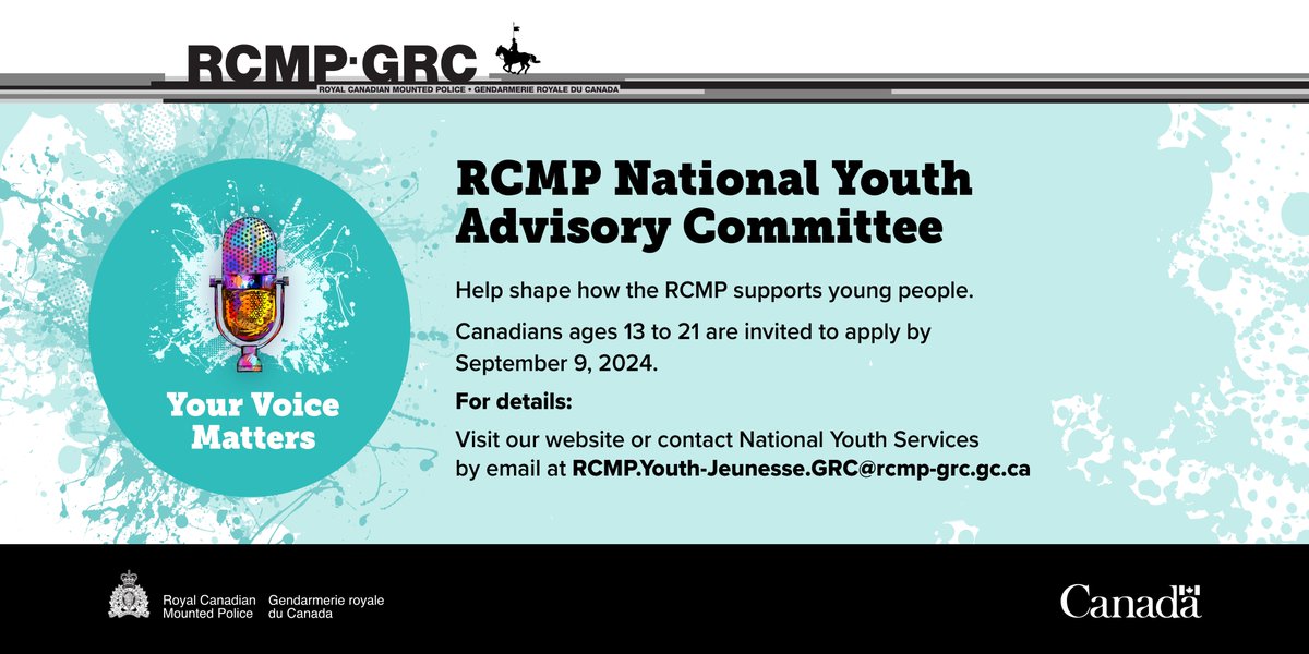 🔊 Opportunity for youth! The RCMP is recruiting for the 2024-25 National Youth Advisory Committee. If you’re a youth between the ages of 13-21 and looking to make a positive difference in your community, apply today: rcmp-grc.gc.ca/en/youth-safet… #RCMPYouth
