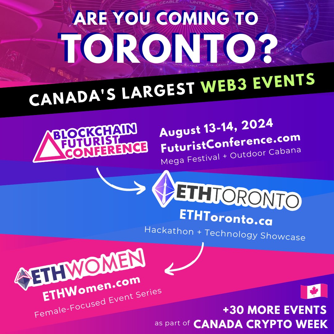 🚀 3 MONTHS AWAY 🚀 Don't miss out on the week of web3 in Toronto 🇨🇦 @Futurist_conf @ETH_Toronto @Ethereum_Women All taking place August 13-14, 2024 👏 👉 APPLY HERE FOR FREE: ETHToronto.ca 😀 Hope to see you there 😀 #Crypto #Blockchain #AI #DeFi #SHIB $SHIB…