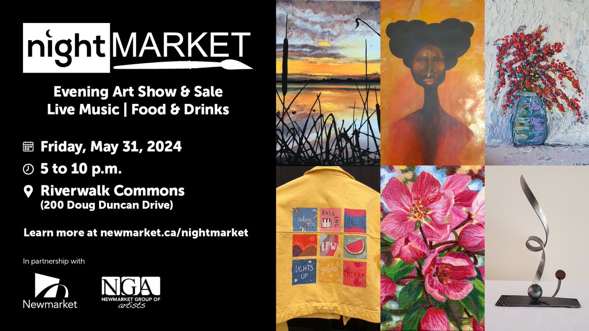 🌃🎨Live music. Great food. Gorgeous art. The second annual Night Market returns to Riverwalk Commons! Join us and the Newmarket Group of Artists for an art show and sale with food, drinks & live music. 📅 May 31 | 5 to 10 p.m. 📍 Riverwalk Commons Info: newmarket.ca/nightmarket