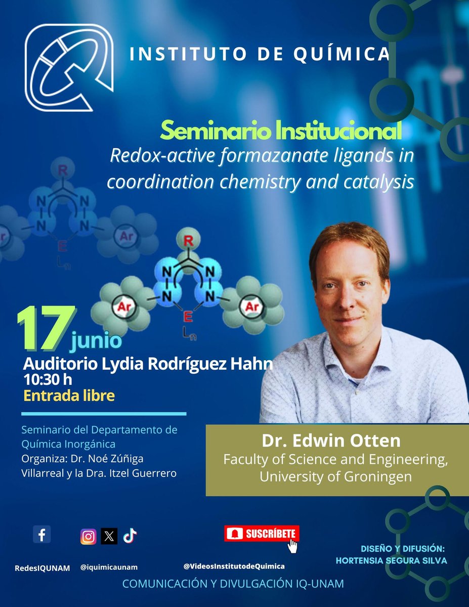 Si te interesa la química de coordinación y la catálisis, asiste al seminario que impartirá el Dr. Edwin Otten de la Universidad de Groningen, <a href="/univgroningen/">University of Groningen</a>:
📆 17 de junio⏰ 10:30 horas
📌 Auditorio "Lydia Rodríguez Hahn" #IQUNAM