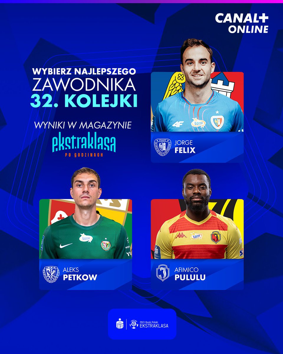 Kto zasłużył na miano zawodnika 32. kolejki @_Ekstraklasa_? ⚽

Nominowani poniżej, a głosujemy w ankiecie w odpowiedzi na ten wpis 👇

📺 Wyniki w magazynie Ekstraklasa #PoGodzinach, który już za chwilę w CANAL+ SPORT3 i CANAL+ online: can.al/TW_Esa2023p