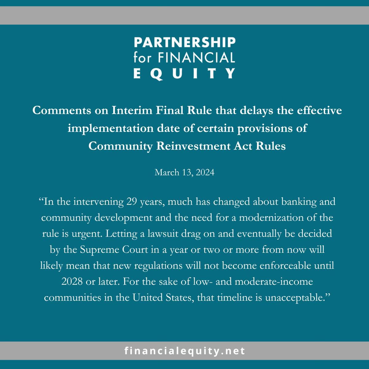 It’s been 30 yrs since rules for the #CommunityReinvestmentAct have been updated. Recent litigation means an unacceptable delay in efforts to modernize the law resulting in LMI neighborhoods and communities of color waiting too long for increased investment. #financialequity