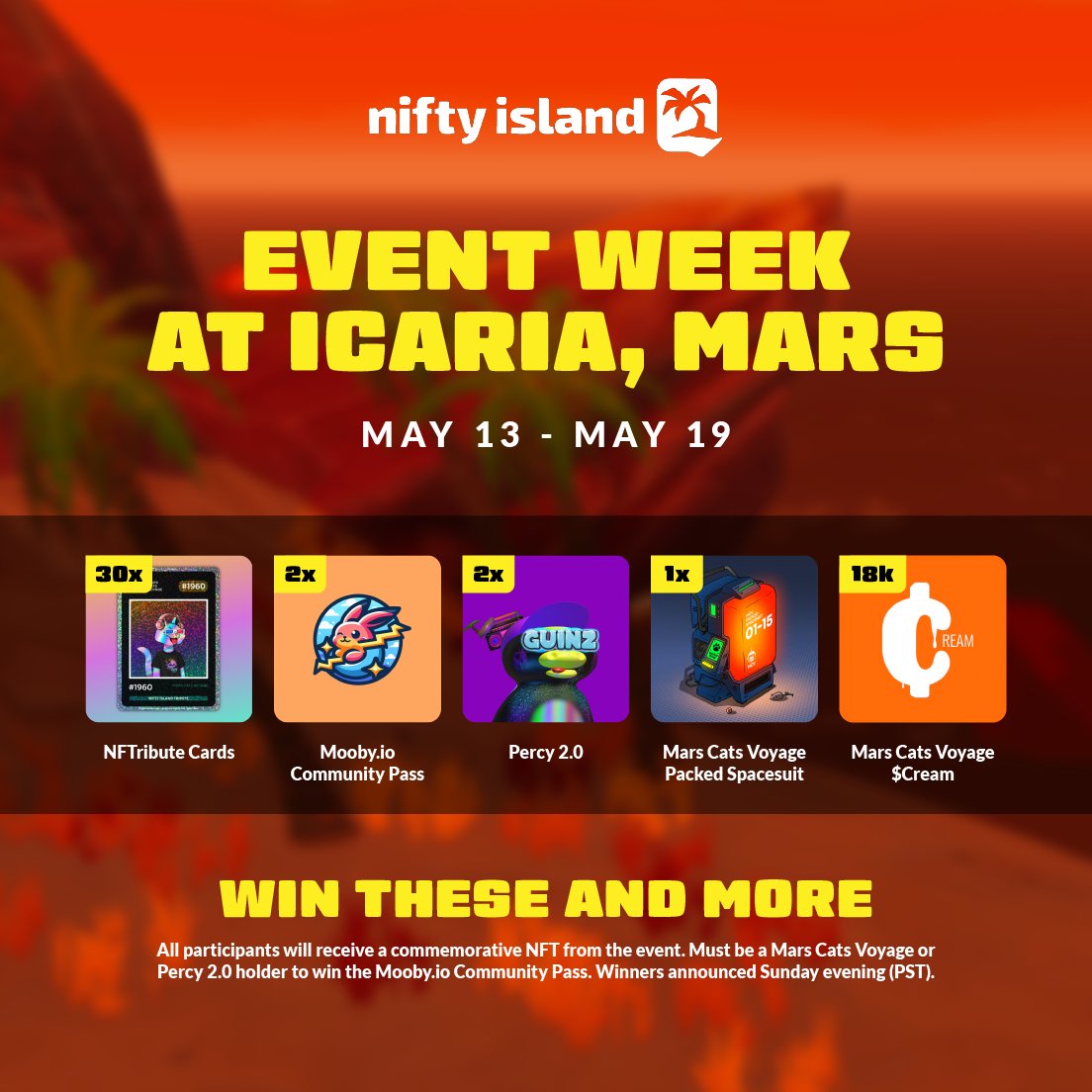 IT'S EVENT WEEK AT ICARIA, MARS!! Big prizes will be raffled off at the end of the week and others will be airdropped while playing. 3,000 $CREAM available to win each day! EARN RAFFLE ENTRIES BY: ⚔️ Playing games on Icaria, Mars ⚔️ 🎯 Setting times on leaderboards 🎯 📸…