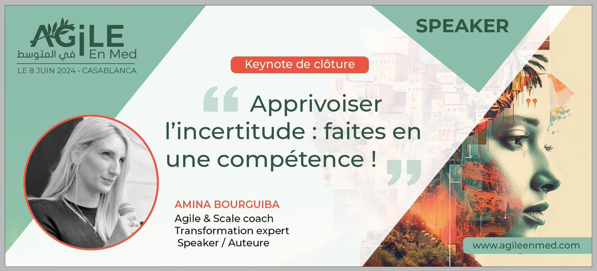 Merci <a href="/agile_med/">Agile En Méditerranée</a> de m’avoir invitée pour la Keynote d écriture d ela prochaine édition à Casablanca le 8 juin prochain 🎈

Mon talk : apprivoisez l’incertitude - faites en une compétence 🤩