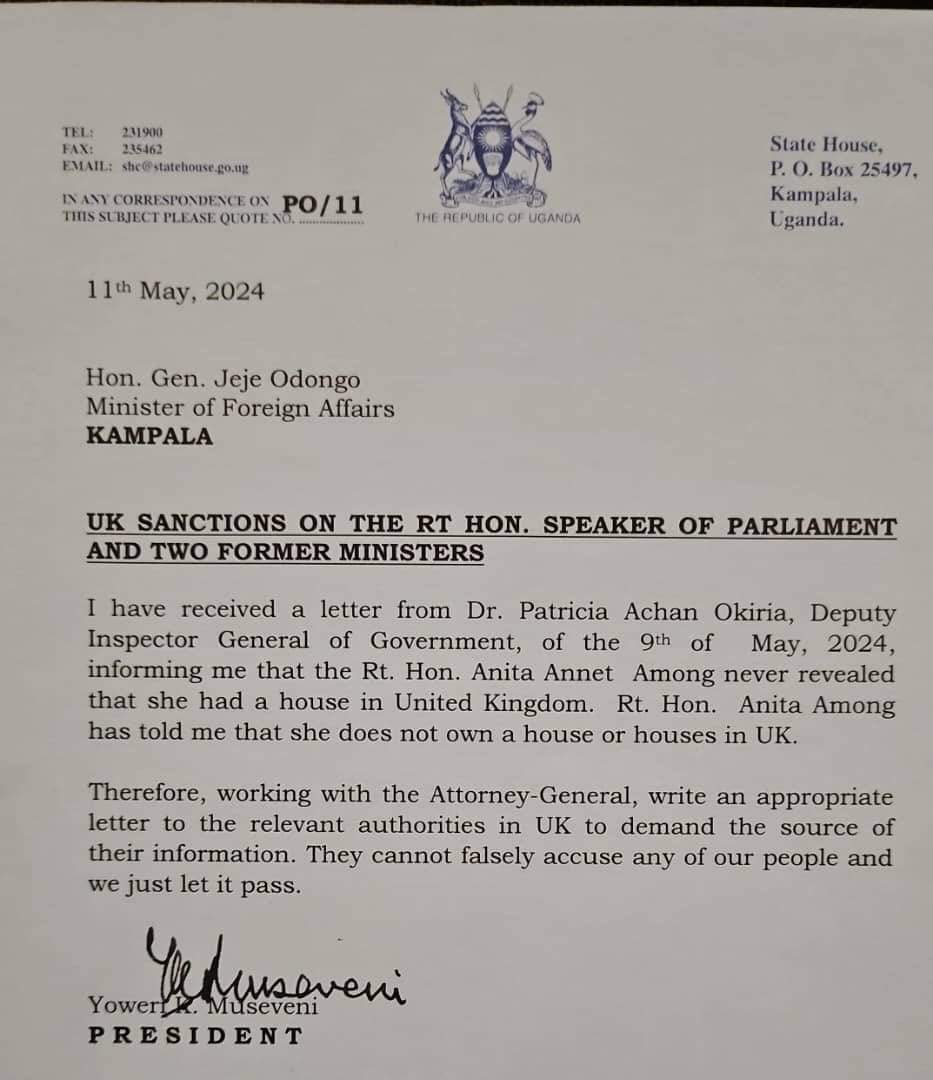 #Babafmupdates President @KagutaMuseveni tasks Foreign Affairs Minister, Gen. Jeje Odong, to ask the relevant authorities in the UK about their source of information regarding Speaker @AnitahAmong having a house in UK, after she denied owning one there! #Ekitudha #NdiMunda