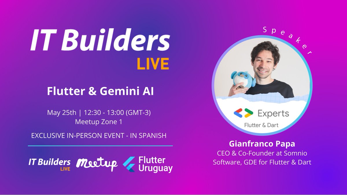 flutter_uruguay's tweet image. ๐ Join Flutter Uruguay for an exclusive in-person event on May 25th, hosted at the Antel Arena during the IT Builders Live Conference. Dive into the world of Flutter and explore the cutting-edge Gemini AI!
meetup.com/flutter-montevโฆ