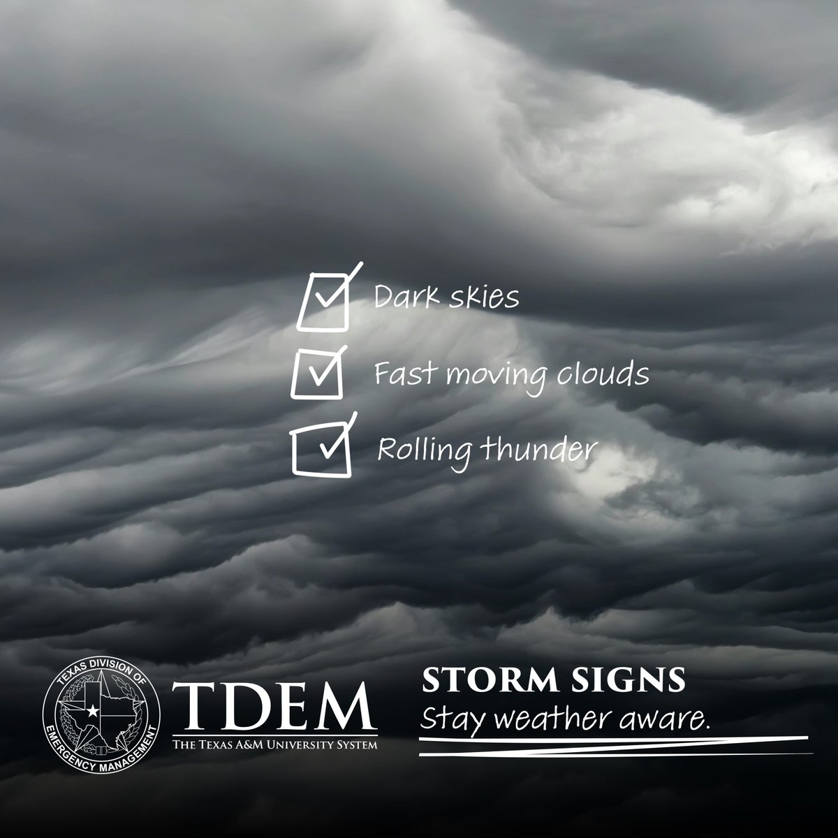 As storm impacts continue across the state, it is important to remain weather aware! Approaching storms can be identified by: 🌑Dark Skies ☁️Fast Moving Clouds 📢Thunder More Storm Safety Tips: ready.gov/severe-weather #txwx