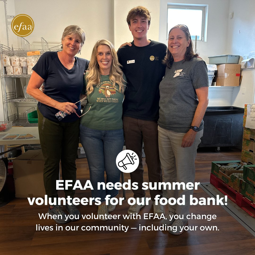 Volunteers are truly the heart of our organization! 💛 EFAA needs food bank volunteers during the summer months! This is a great opportunity for community-minded individuals–including high school students!–to get involved. Learn more: efaa.org/volunteer