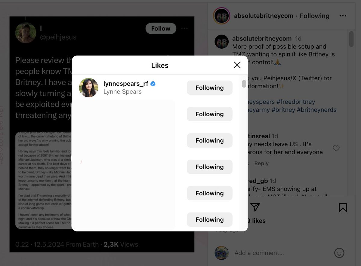 ghoulia's tweet photo. I went over to IG to clear my head. What do I see? Lynne Spears liking AbsoluteBritney's post about the person who was at the Chateau Marmont the night of Britney's incident.

😵‍💫😵‍💫😵‍💫 https://t.co/H5z0z3QGqq