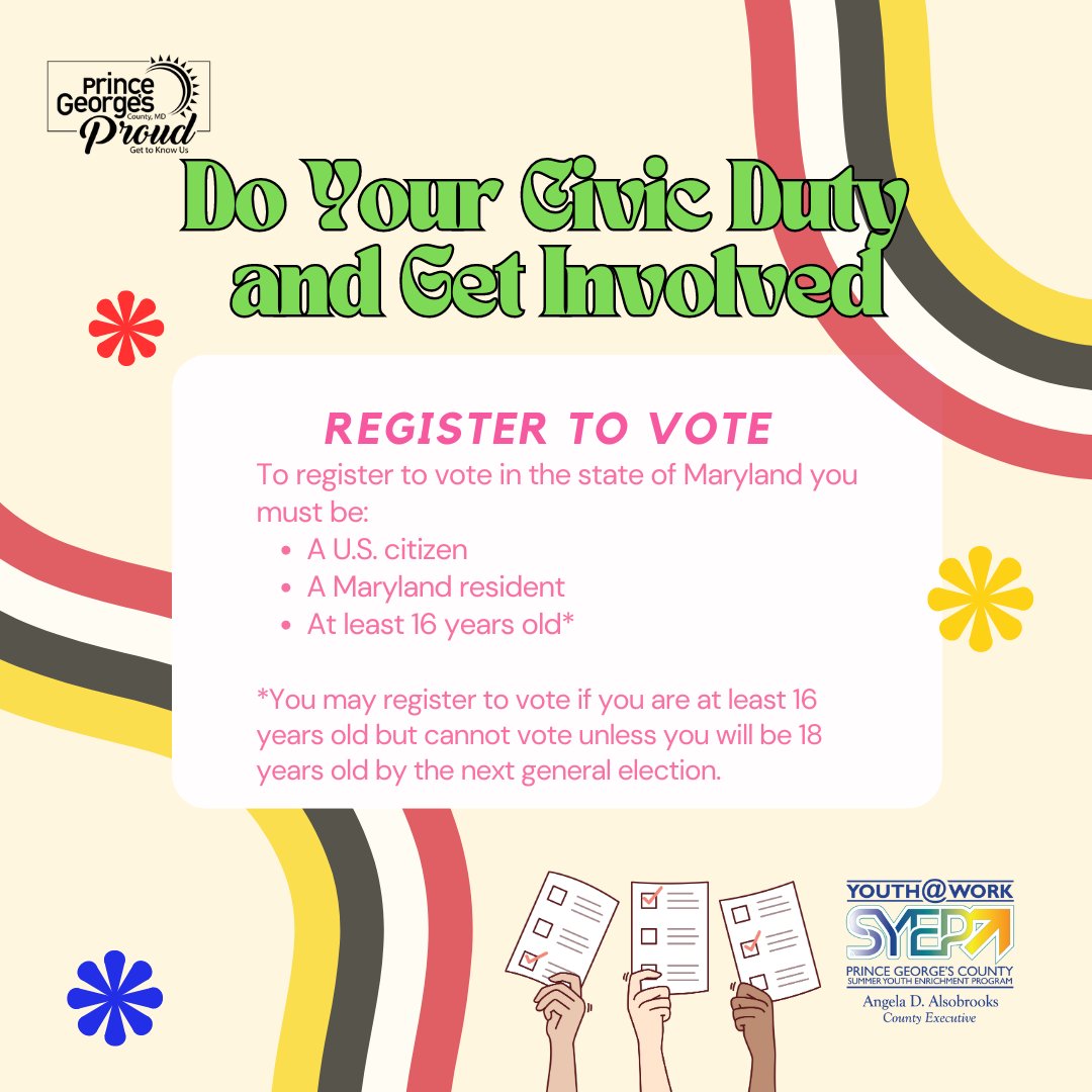 With election buzz approaching, here are some quick facts about how you can get involved with the local elections in Prince George’s County! 

#PrinceGeorgesProud #PGCSYEP #MDVotes #CivicEngagement #VoteReady #summeryouth