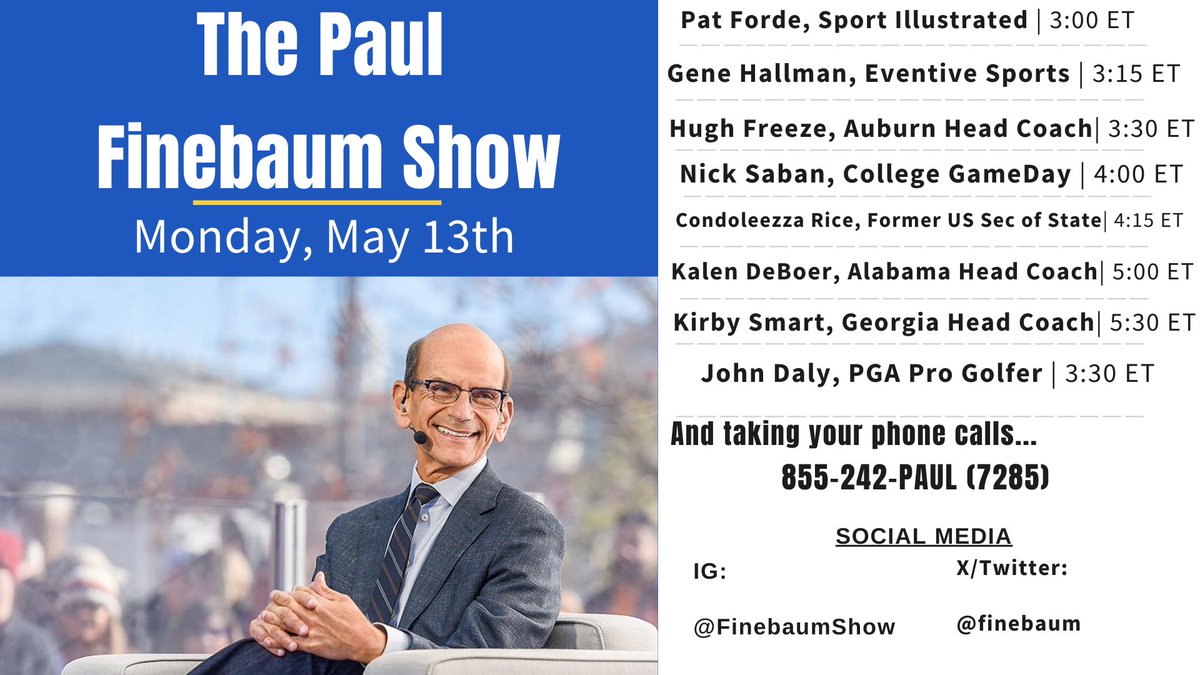 A full slate of fantastic conversations to kick off the week! Interviews with Nick Saban, Kirby Smart, Hugh Freeze, Kalen DeBoer, & John Daly, among others, taped at the @RegionsTrad...and as always your calls 855-242-7285