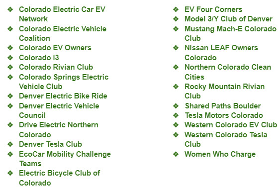 Check out this list of all of Colorado's electric vehicle clubs across the state! @driveelectricco has made strides during and after the #DriveElectricUSA project at getting the state excited and involved with EVs! #StoriesfromtheField #DriveElectric #DEUSA #EV #partnerships