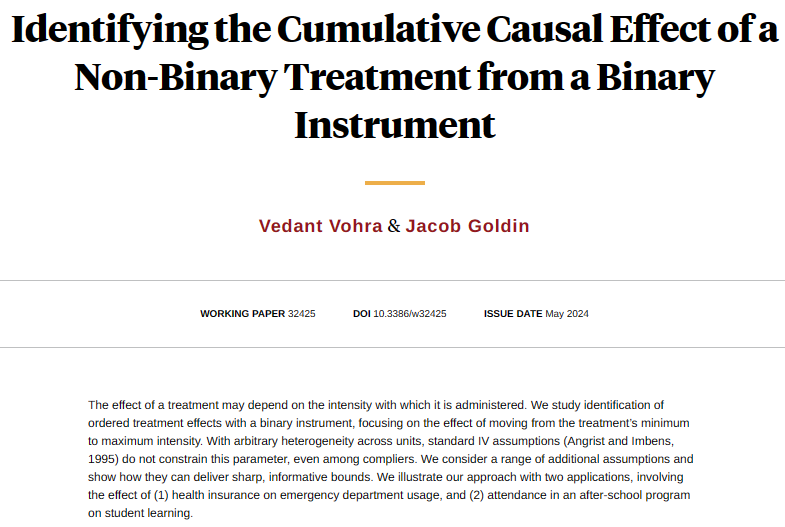 Identifying ordered treatment effects with a binary instrument, focusing on the effect of moving from the treatment’s minimum to maximum intensity, from @vedant_vohra and @jacobsgoldin nber.org/papers/w32425
