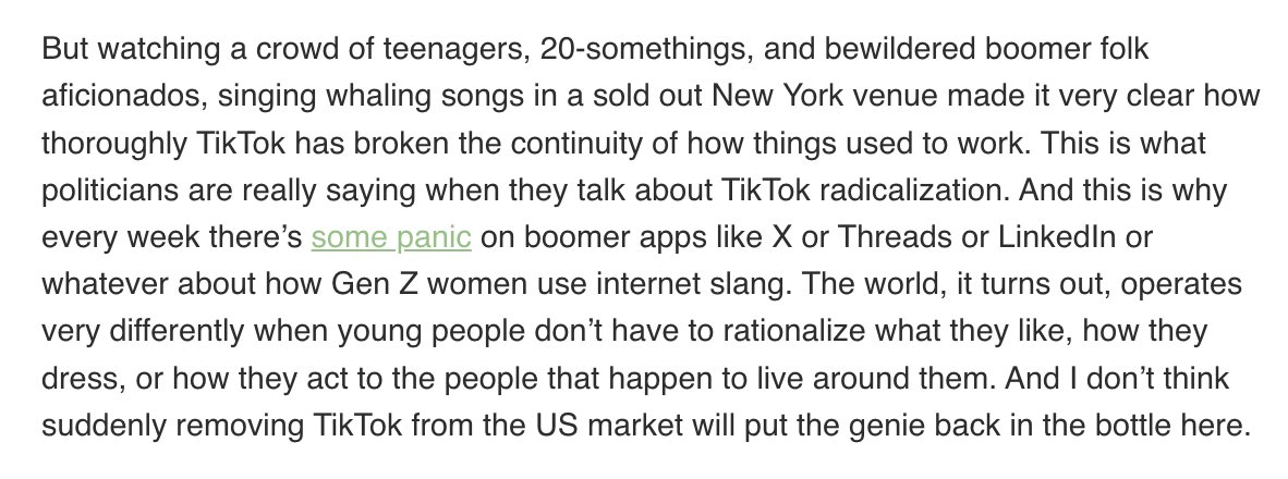 I went to a sold out sea shanty concert in New York last week and had some big thoughts about how thoroughly TikTok has changed the way the world works. garbageday.email/p/now-time-sea…