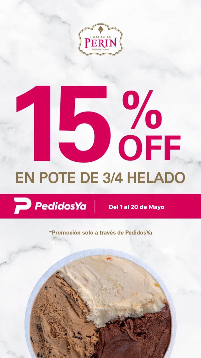 El día está ideal para hacer cucharita con el mejor helado- Aprovechá 15% off en 3/4 de kgr a través de PedidosYa!