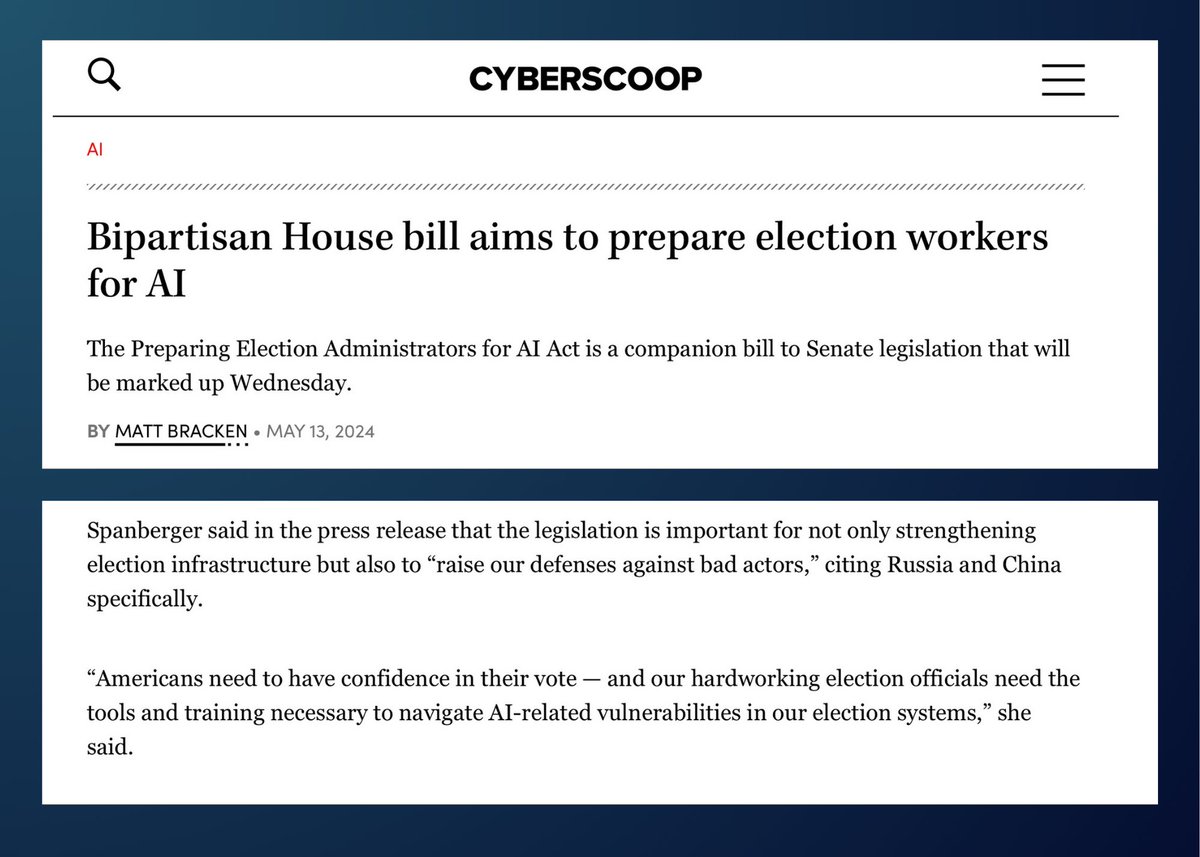 The United States needs clear guidelines to safeguard our elections against maligned uses of AI. I’m proud to introduce a bipartisan bill with @RepHoulahan to raise our defenses against bad actors and address risks posed by AI in election administration. cyberscoop.com/election-admin…