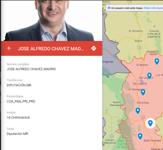 Mameitor99's tweet photo. Al hacer Clic en el nombre del Candidato  se desplegará una ventana donde vendrá un poco de información sobre el candidato. Nota: el punto donde se ubica el candidato en el mapa  solo sirve como referencia a que el candidato pertenece a ese distrito. https://t.co/qAySLwPb3b