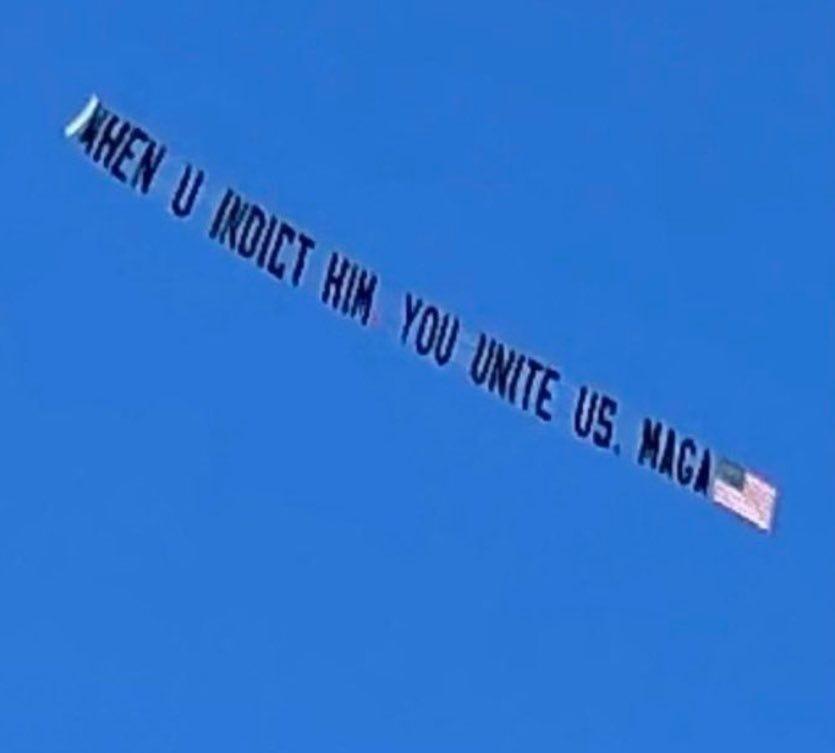 BANNER CURRENTLY FLYING OVER THE COURT HOUSE IN NY!!! 'WHEN YOU INDICT HIM YOU UNITE US.” #MAGA