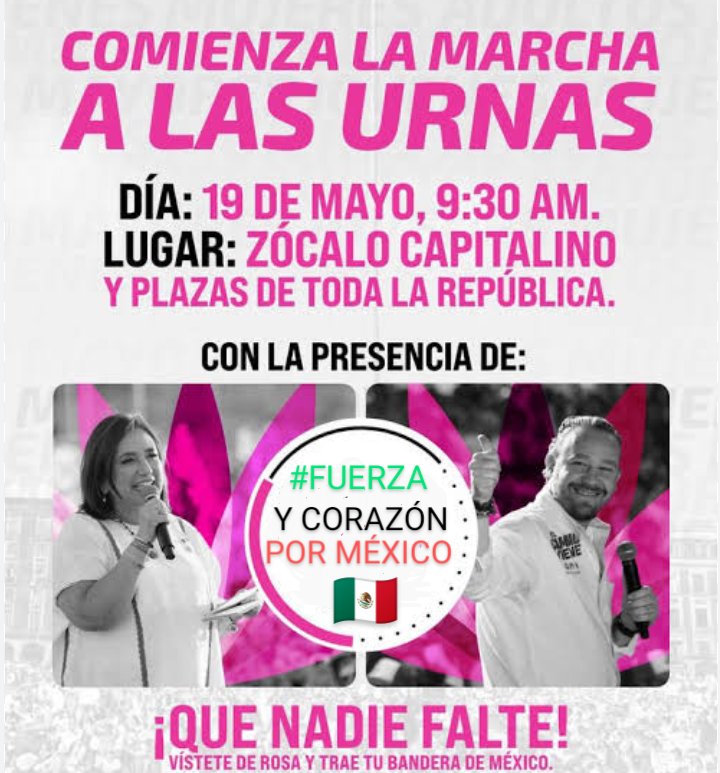 ¿Y si después de la marcha acompañamos a Xóchitl al debate? 
#FuerzaYCorazónPorMéxico 
#FueraMorenaEn2024 
@SocCivilMx
@SocCivilMx2
🇲🇽🤞🏻✌🏻