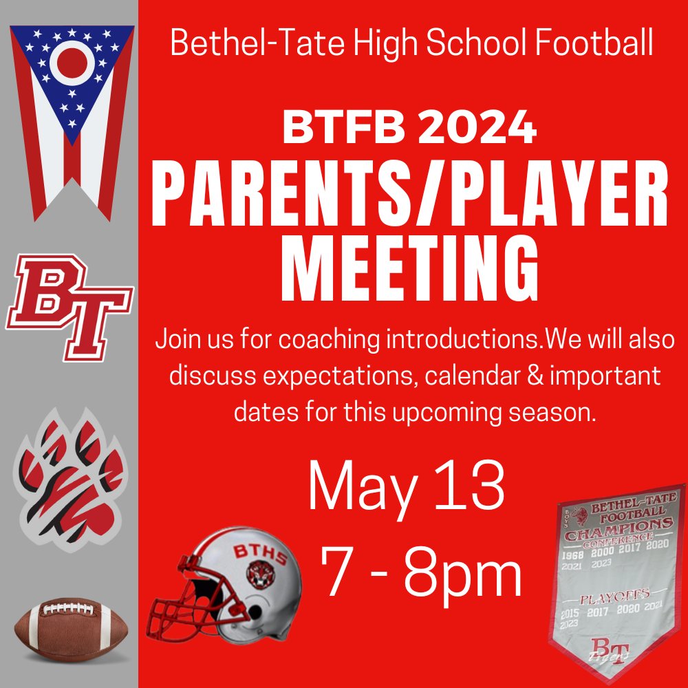 We are excited to see our #BTFB24🏈 families tonight as we prepare for the upcoming season! Please plan on attending if you are interested in playing football this season.
#RepThePaw🐾
#CommitToBTFB🏈
#TateTempo9🐯
#Expect2Win💪